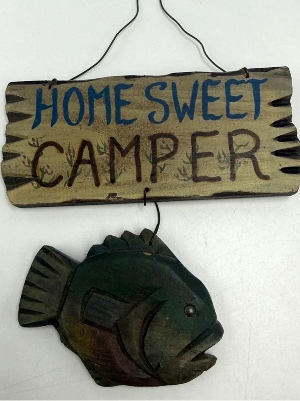 Home Sweet Camper Wall Hanging Sign with Fish Accent - Green and Brown